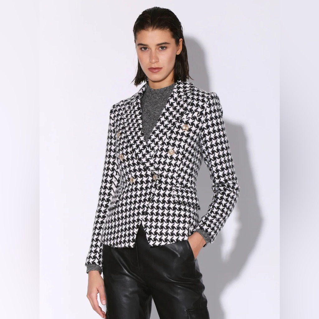 Walter Baker Black And White Houndstooth Double-Breasted Blazer